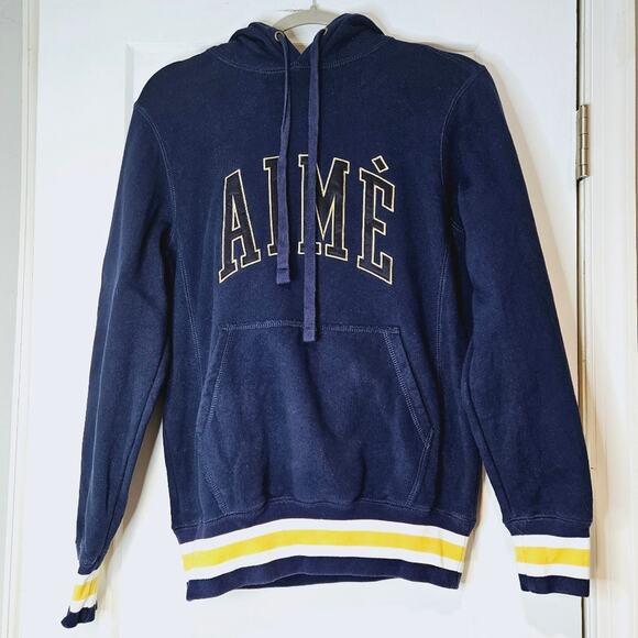 Aime Leon Dore Navy Logo Hoodie Yellow Stripe Trim Size XS - Picture 2 of 6